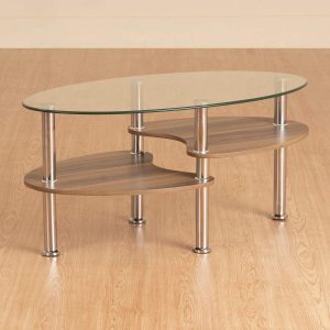 Home Centre’s Oak-Ford Engineered Wood Modern Coffee Table is a great choice for a glass side table