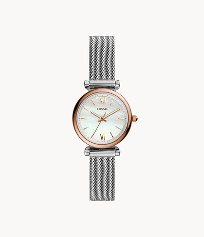 The Carlie Mini Analog is a classic among fossil female watches. Its small dial is reminiscent of watches from the 50’s.